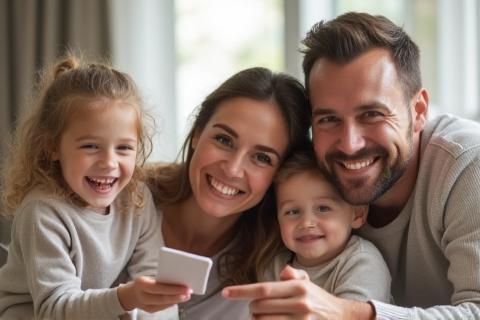 Smiling family planning their finances